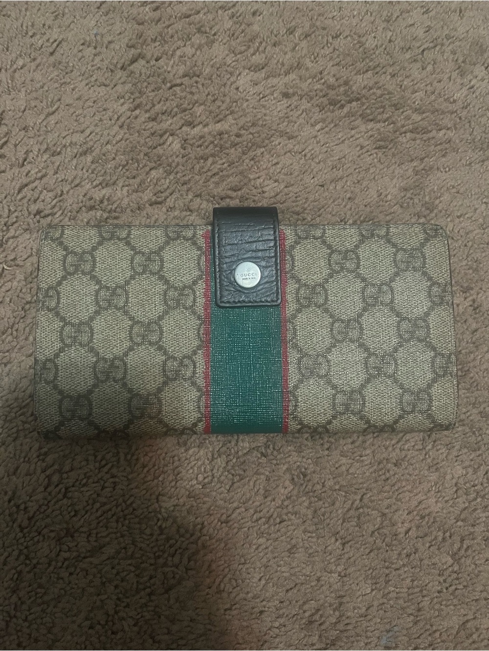 Gucci Beige Monogram Continental Wallet with Green and Red Stripe